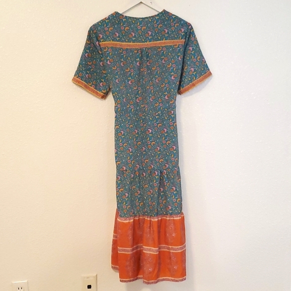 Boho Green Orange Yellow Floral Drawstring Waist Buttonfront Dress - Picture 6 of 6